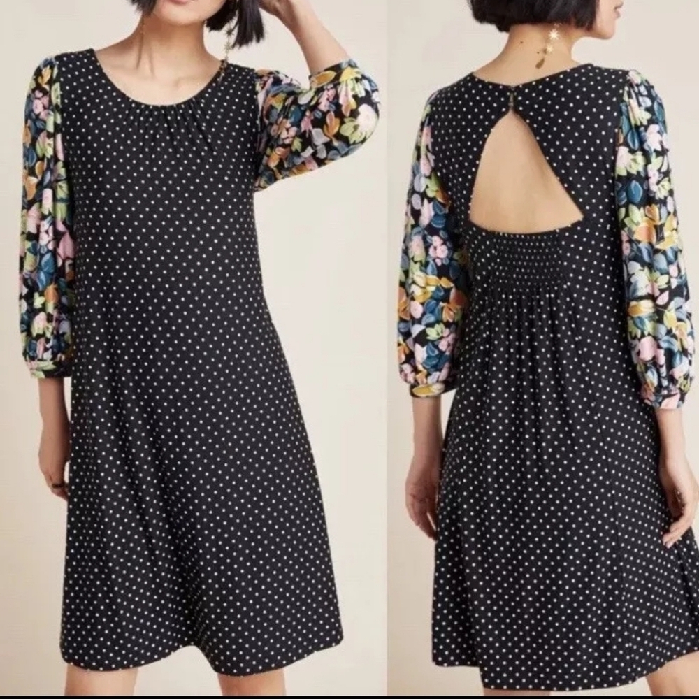 Anthropologie Maeve Black Polka Dot Floral Sawyer BalloonSleeve Dress Size Small